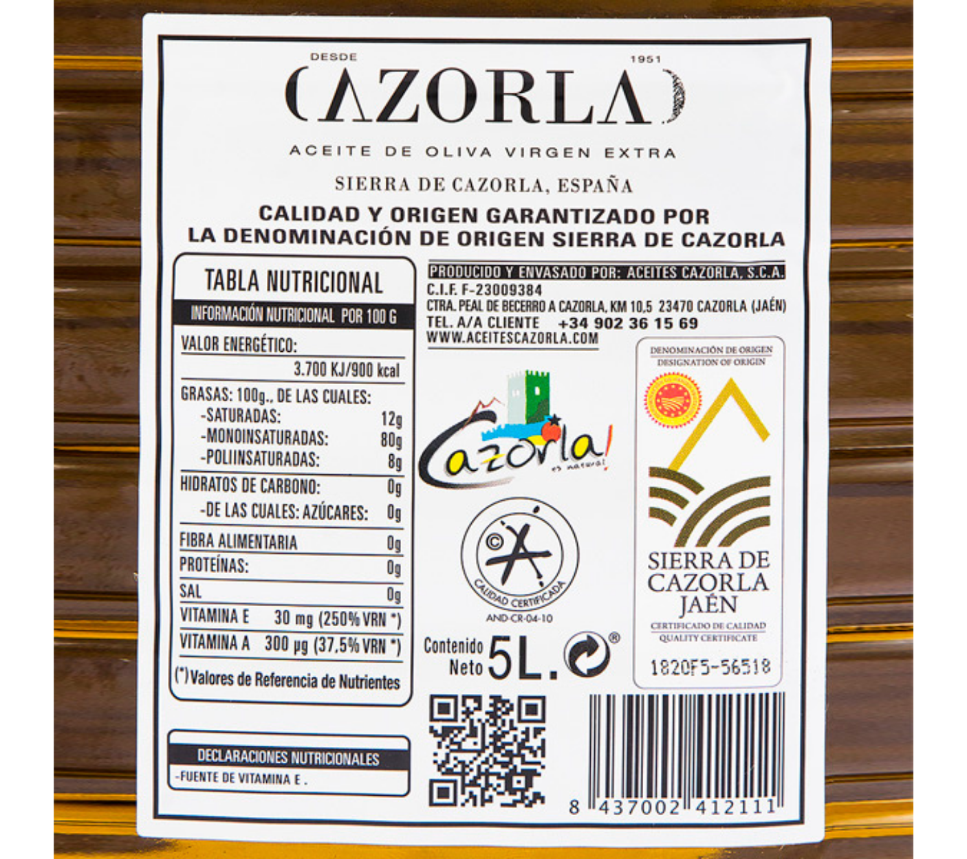 AOVE Picual. Aceites Cazorla. Garrafa 5L - VirgenExtraEnCasa