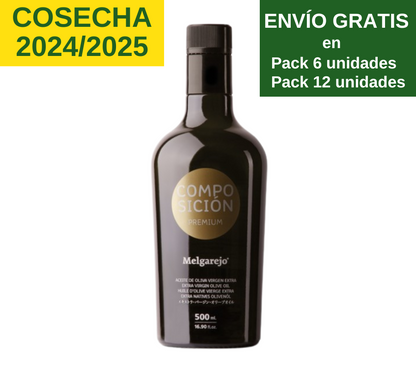 Melgarejo Premium Composición. Aceite de oliva virgen extra. Botella 500ml